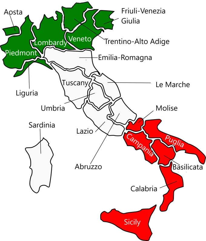 Map of Italy marking the four regions Tony trained in — Tuscany, Abruzzo, Campania and Sicily